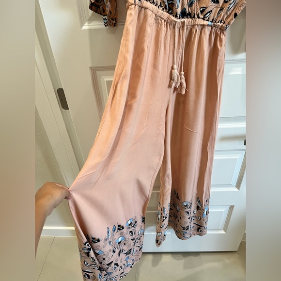 JAASE Jumpsuit Pale Pink Blue Flutter Sleeve Wide Leg Drawstring Tassel Hippie. - Picture 5 of 7